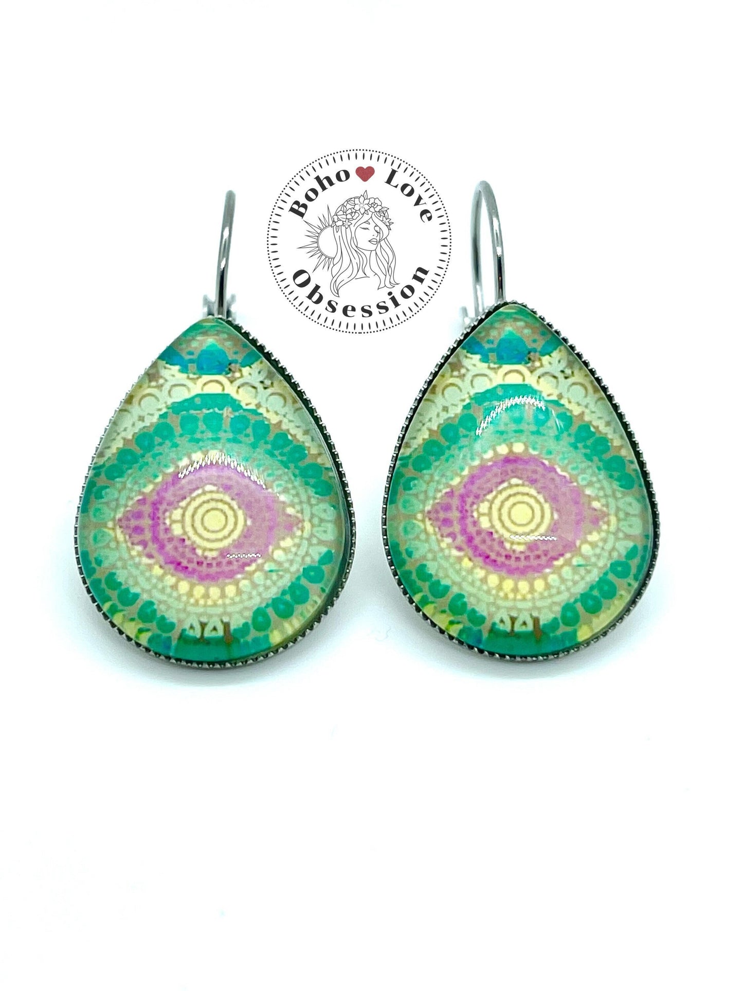 Groovy Green Teardrop Lever-back Earrings| Cabochon Earrings|Gifts for her Mom Sister Wife Aunt Girlfriend Friend Daughter|BohoLoveObsession