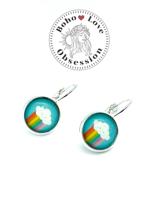 Happy Rainbow Cloud Lever-back Earrings|Stainless Steel Cabochon Earrings|Gifts for her Mom Sister Daughter| BohoLoveObsession