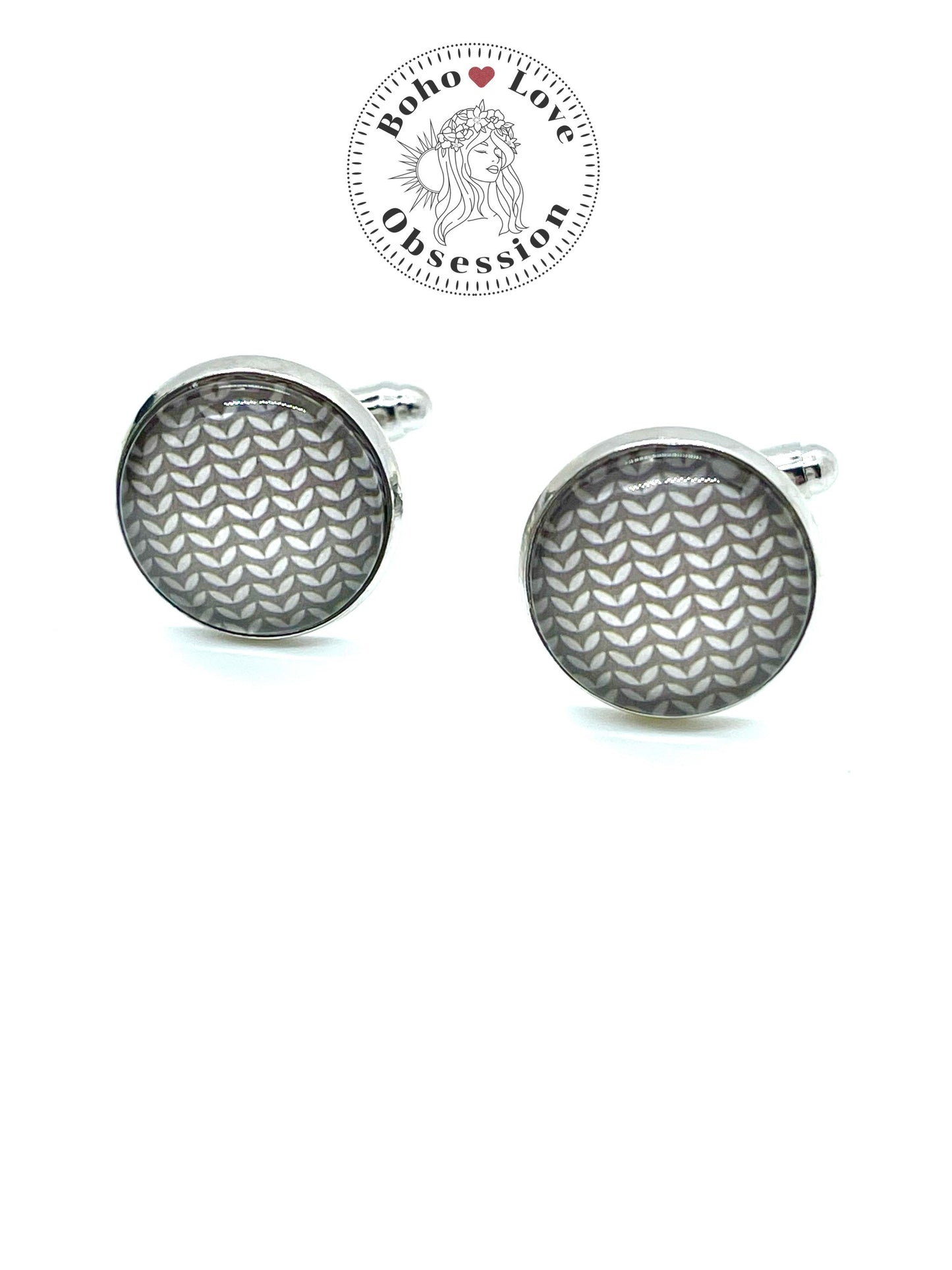 Light Grey Chevron Cuff Links| Photo Glass Cabochon Cuff Links| Silver Setting|Wedding Groomsmen Groom Gift for Him| Boho Love Obsession