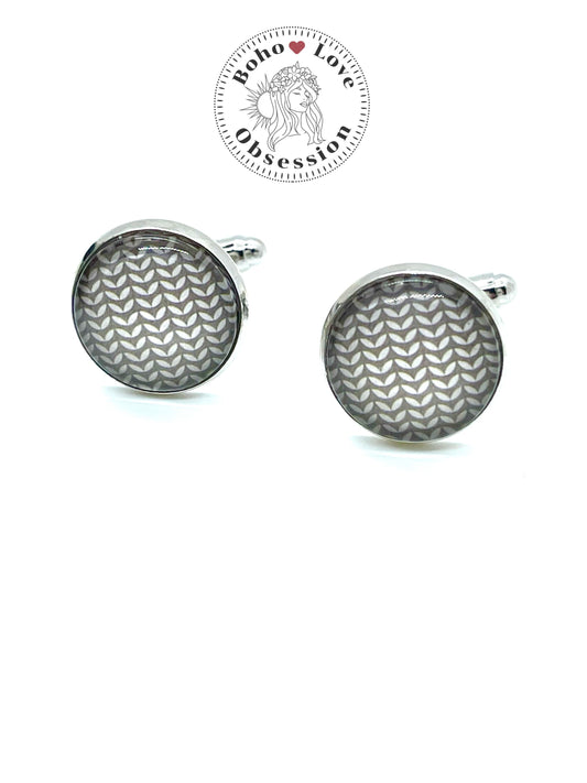 Light Grey Chevron Cuff Links| Photo Glass Cabochon Cuff Links| Silver Setting|Wedding Groomsmen Groom Gift for Him| Boho Love Obsession