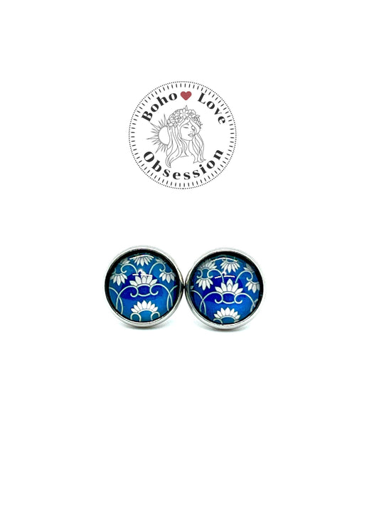 Blue Belle Boho Flower Stud Earrings|Photo Glass Cabochon Push Back Earrings| Vintage Retro Handmade| Womens Jewelry| Boho Love Obsession