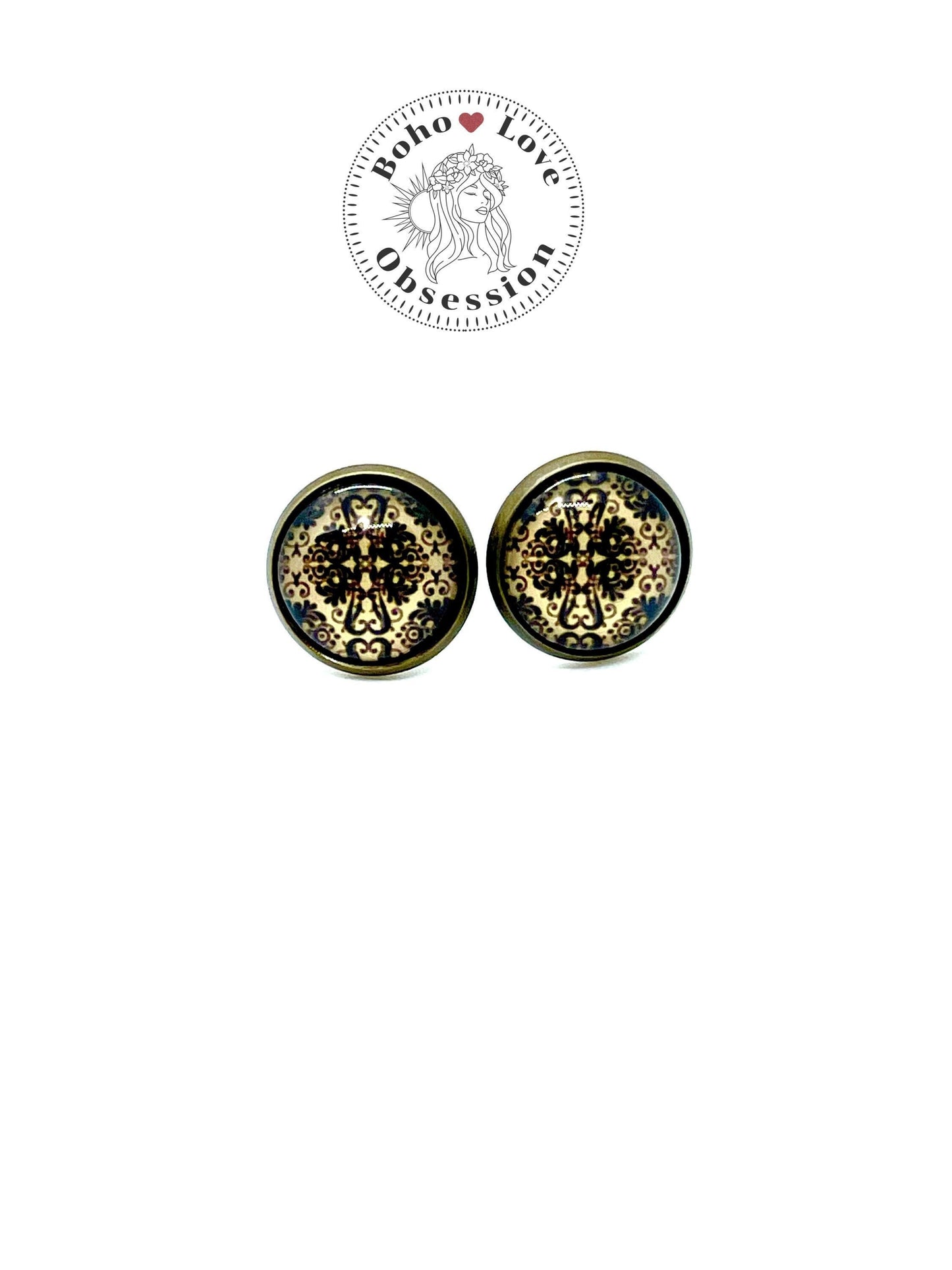 Curly Crosses Stud Earrings|Photo Glass Cabochon Push Back Earrings| Retro Vintage Bohemian Handmade| Womens Jewelry| Boho Love Obsession