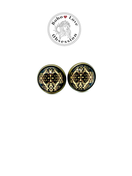 Curly Crosses Stud Earrings|Photo Glass Cabochon Push Back Earrings| Retro Vintage Bohemian Handmade| Womens Jewelry| Boho Love Obsession