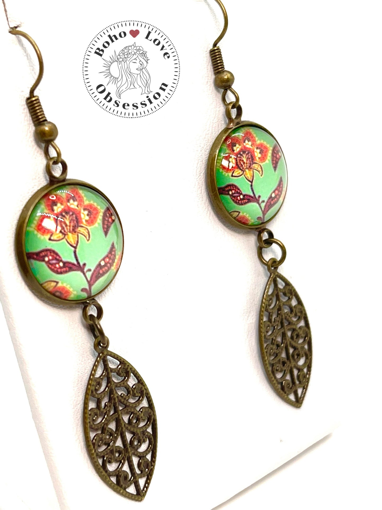 Poppy Flower Earrings| Drop Dangle Cabochon Earrings|Bronze Flower Earrings| Boho Leaf Dangle Earrings| BohoLoveObsession