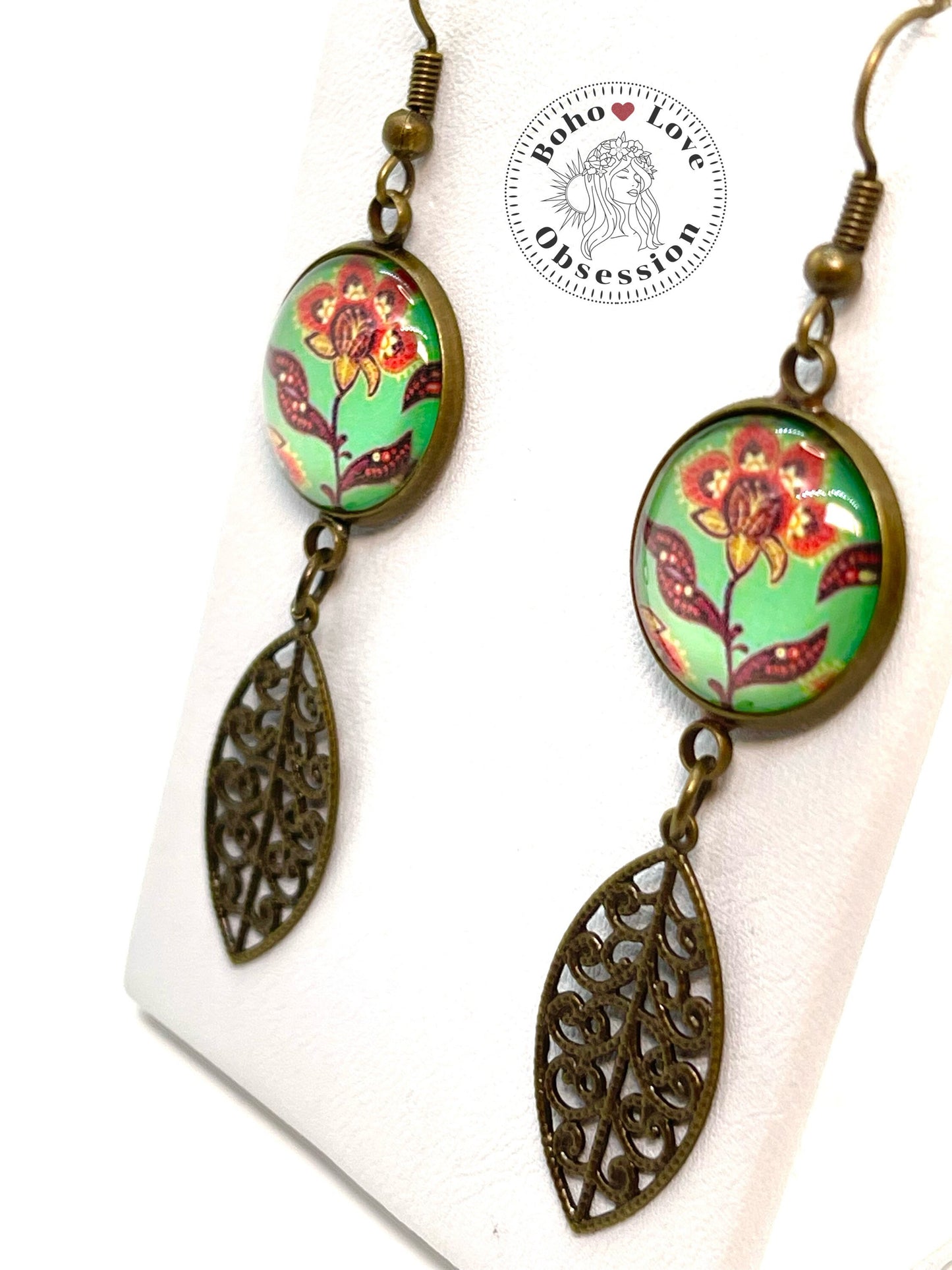 Poppy Flower Earrings| Drop Dangle Cabochon Earrings|Bronze Flower Earrings| Boho Leaf Dangle Earrings| BohoLoveObsession