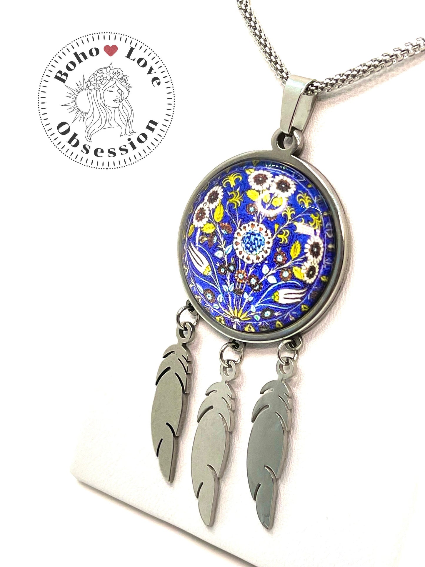 Purple Peony Feather Dreamcatcher Necklace, Long Chain Necklace, Retro Hippie Bohemian Jewelry, Boho Gypsy Accessory, BohoLoveObsession