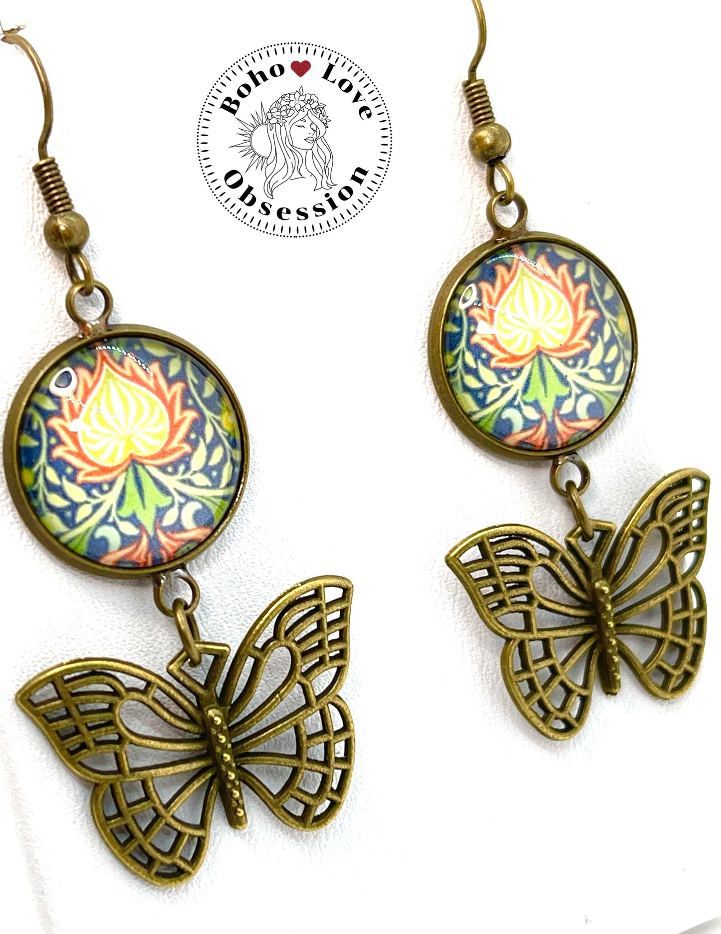Hippie Fire Flower Butterfly Dangles|Bronze Cabochon Earrings|Gift for her| Bohemian Dangle Earring|Boho Flower Earring| BohoLoveObsession
