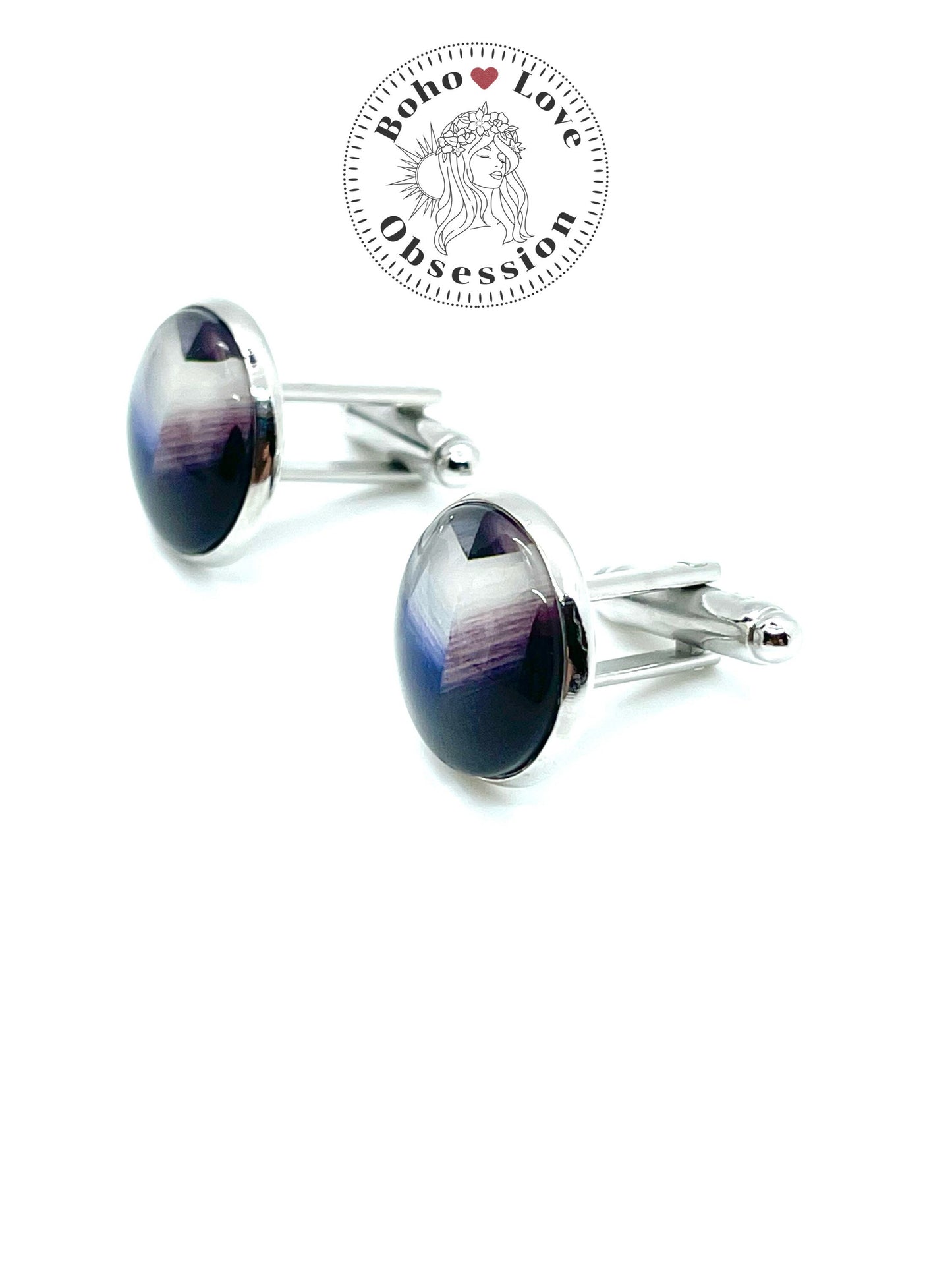 Deep Blue Painted Cuff Links| Photo Glass Cabochon Cuff Links| Silver Setting|Wedding|Gift for Him| BohoLoveObsession