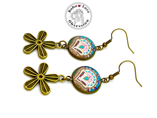 Happy Blooms Daisy Earrings|Cabochon Dangle Earrings|Boho Flower Earrings|Gift for her|Bohemian Bronze Earrings|BohoLoveObsession