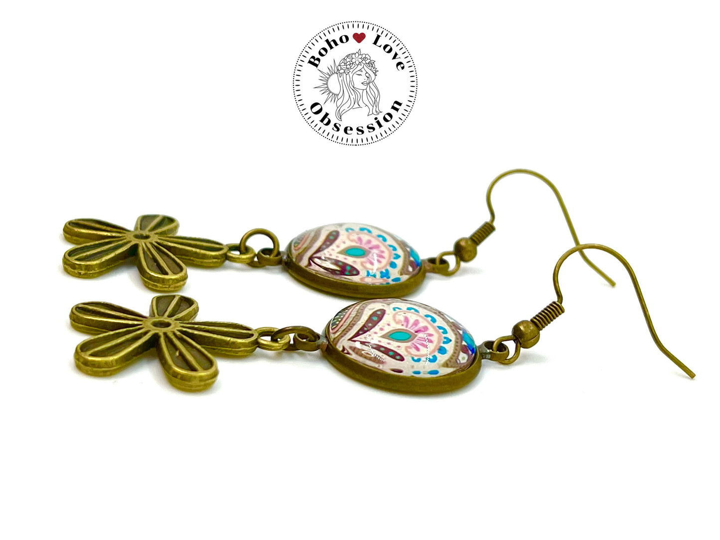 Happy Blooms Daisy Earrings|Cabochon Dangle Earrings|Boho Flower Earrings|Gift for her|Bohemian Bronze Earrings|BohoLoveObsession