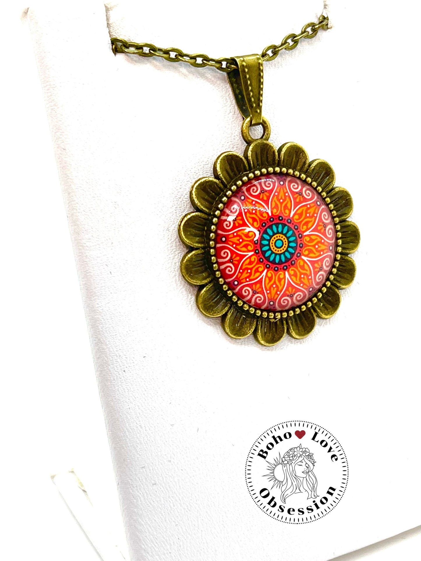 Orange Sunflower Necklace|Bronze Flower Pendant|Unique Bohemian Necklace|Gift for her|Hippie Retro Chain|Boho Retro| BohoLoveObsession