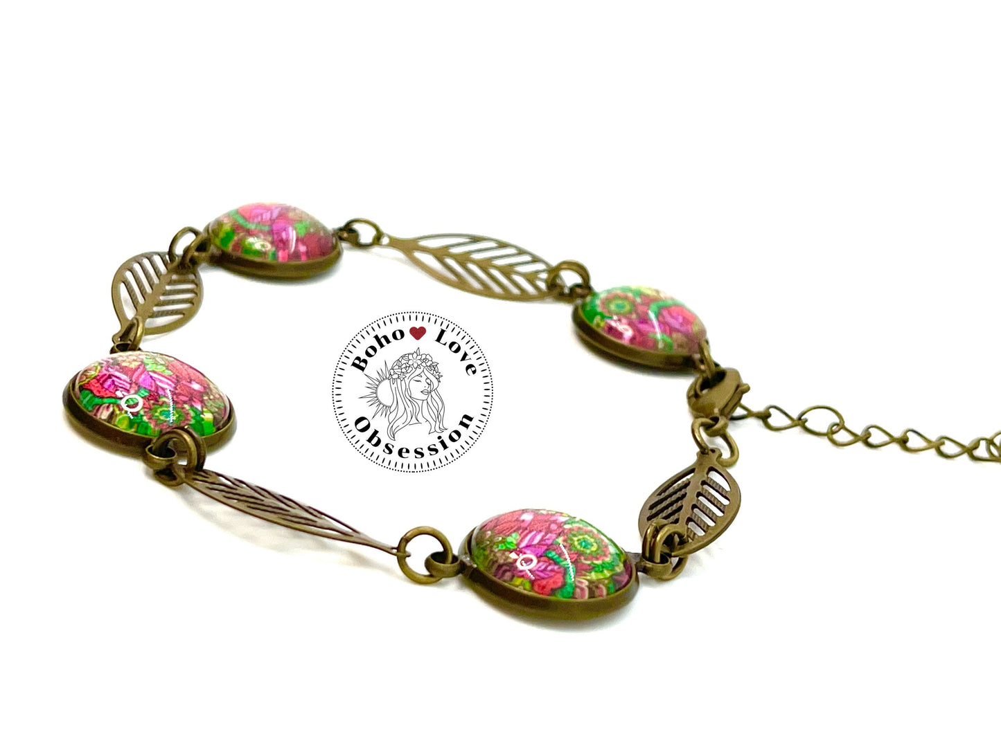Magenta Boho Feather Bracelet,Bohemian Charm Bracelet,Antique Bronze Bracelet,Womens Cabochon Bracelet, Gift for her,BohoLoveObsession