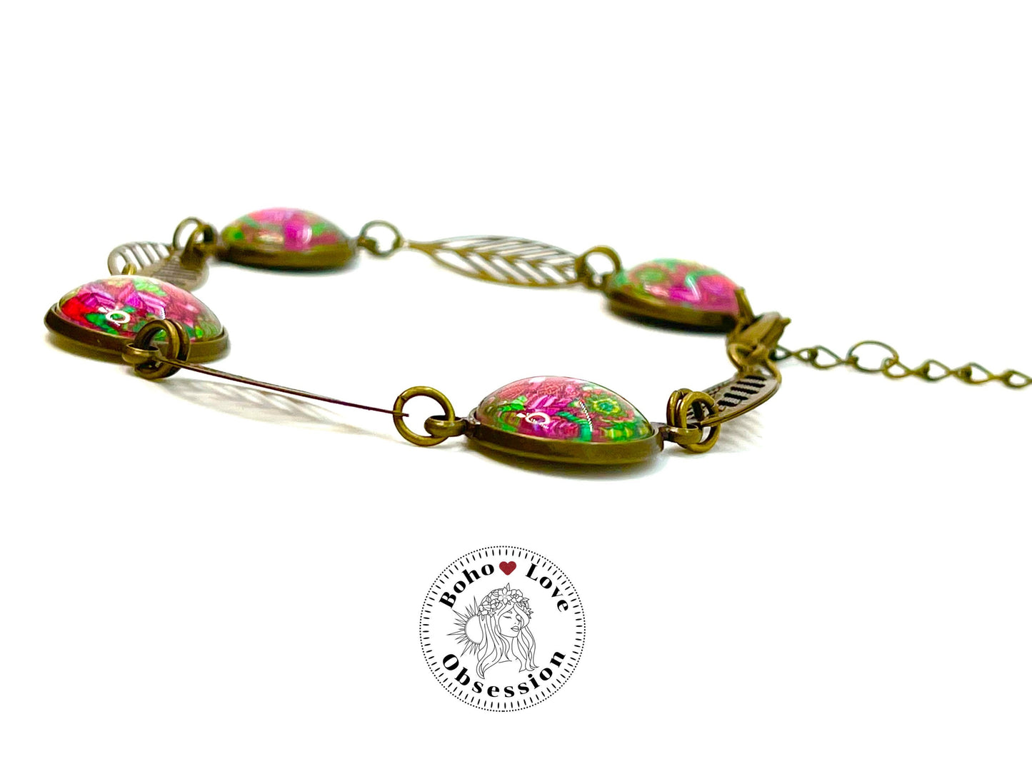 Magenta Boho Feather Bracelet,Bohemian Charm Bracelet,Antique Bronze Bracelet,Womens Cabochon Bracelet, Gift for her,BohoLoveObsession