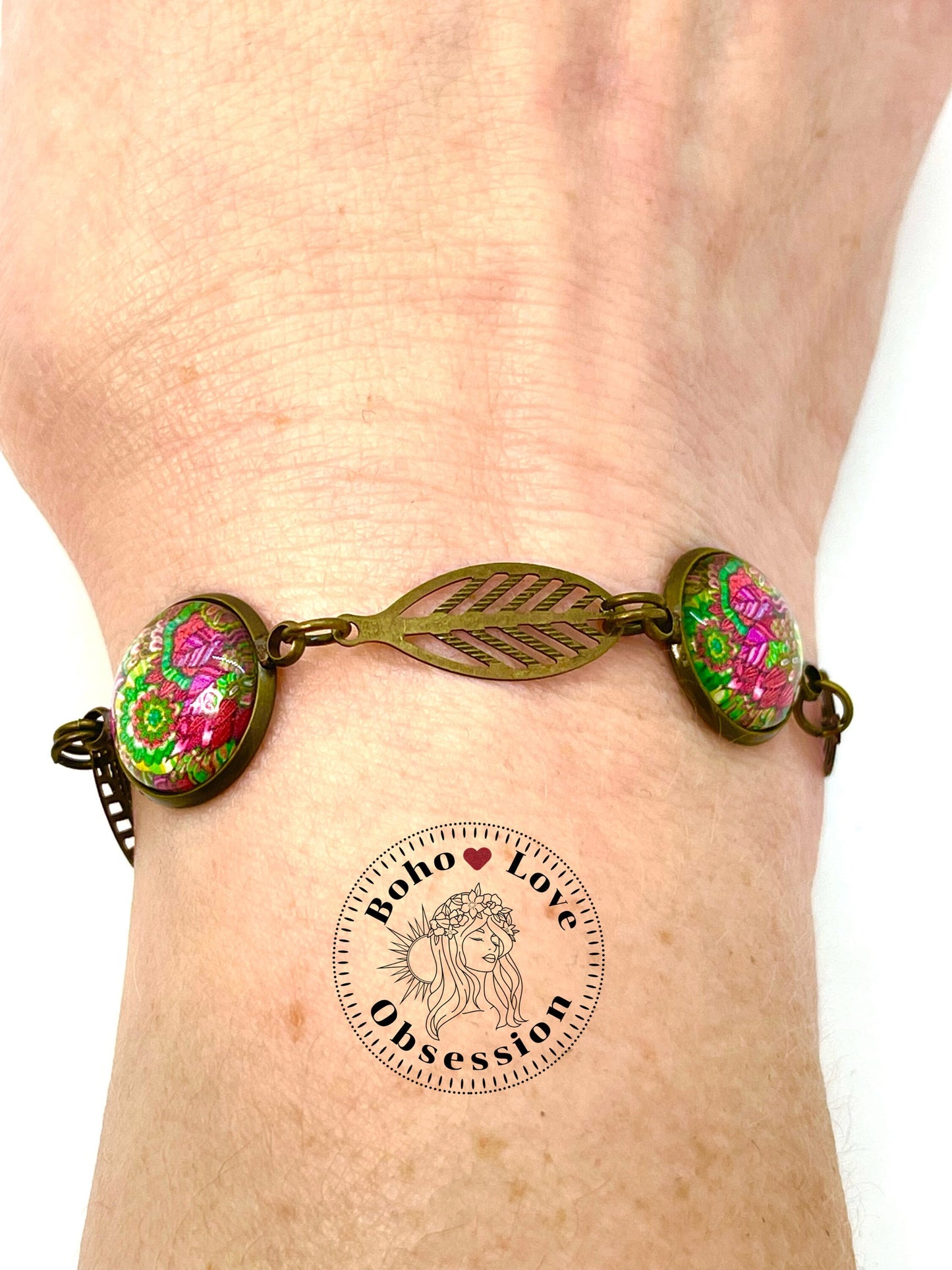 Magenta Boho Feather Bracelet,Bohemian Charm Bracelet,Antique Bronze Bracelet,Womens Cabochon Bracelet, Gift for her,BohoLoveObsession