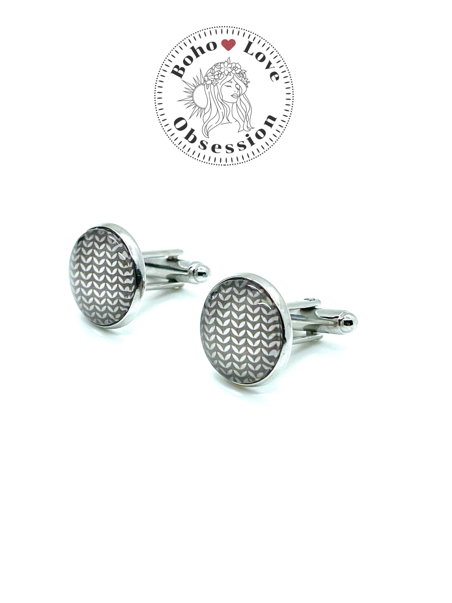 Light Grey Chevron Cuff Links| Photo Glass Cabochon Cuff Links| Silver Setting|Wedding Groomsmen Groom Gift for Him| Boho Love Obsession