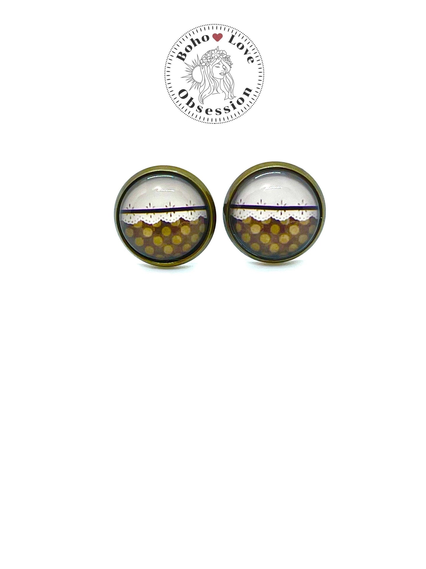 Brown Polka Dot Lace Stud Earrings|Photo Glass Cabochon Push Back Earrings| Retro Vintage Bohemian Handmade| Boho Love Obsession