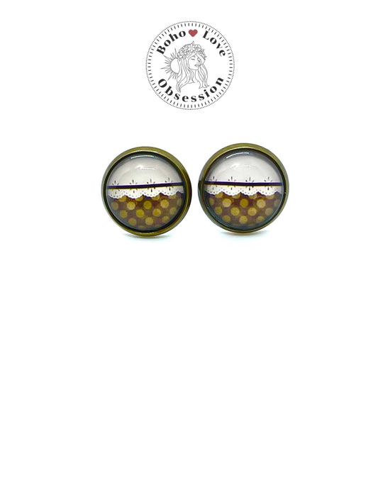Brown Polka Dot Lace Stud Earrings|Photo Glass Cabochon Push Back Earrings| Retro Vintage Bohemian Handmade| Boho Love Obsession