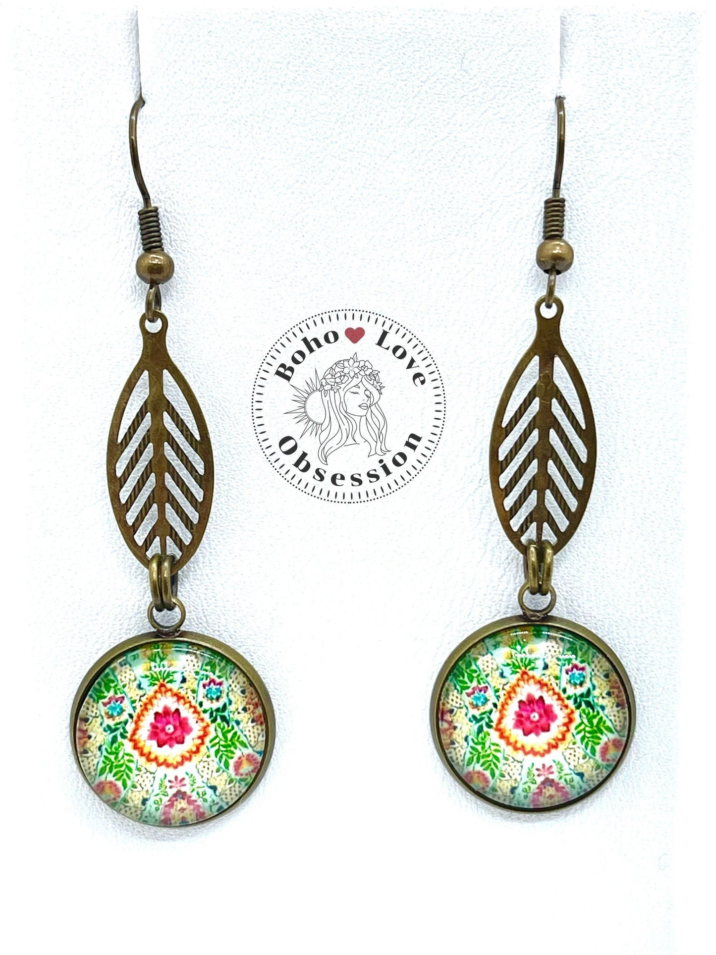 Pistachio Mandala Dangles| Bronze Mandala & Leaf Cabochon Earrings|Gift for her Mom Sister Daughter Aunt Girlfriend| BohoLoveObsession