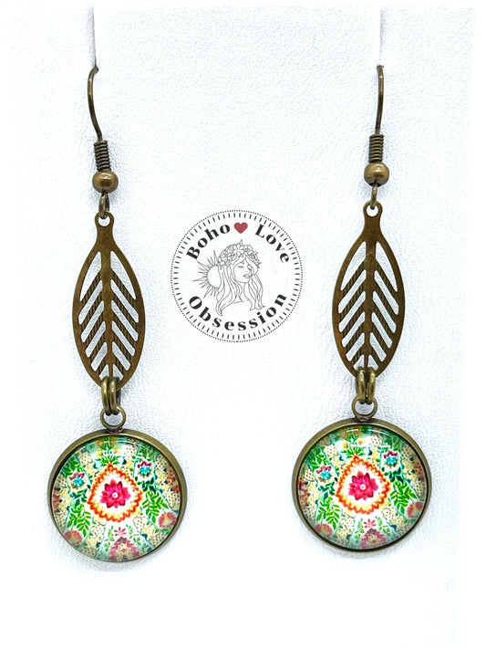 Pistachio Mandala Dangles| Bronze Mandala & Leaf Cabochon Earrings|Gift for her Mom Sister Daughter Aunt Girlfriend| BohoLoveObsession