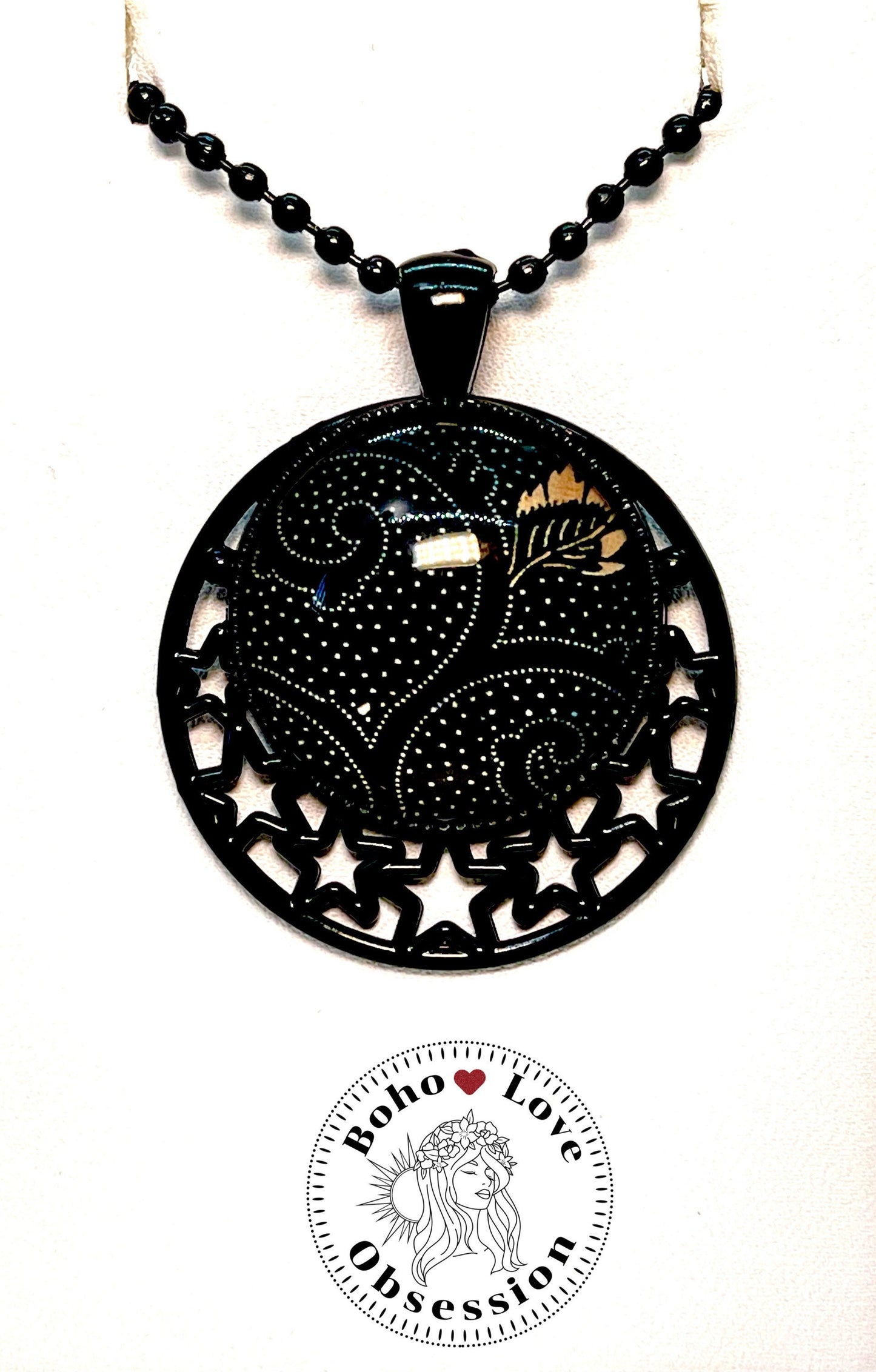 Black Paisley & White Polka Dot Star Necklace |Ball Chain| Star Pendant | Photo Glass Cabochon Necklace|Womens Jewelry| BohoLoveObsession