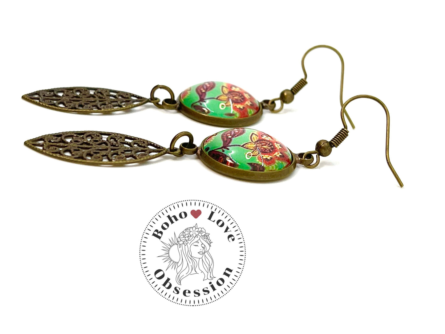 Poppy Flower Earrings| Drop Dangle Cabochon Earrings|Bronze Flower Earrings| Boho Leaf Dangle Earrings| BohoLoveObsession