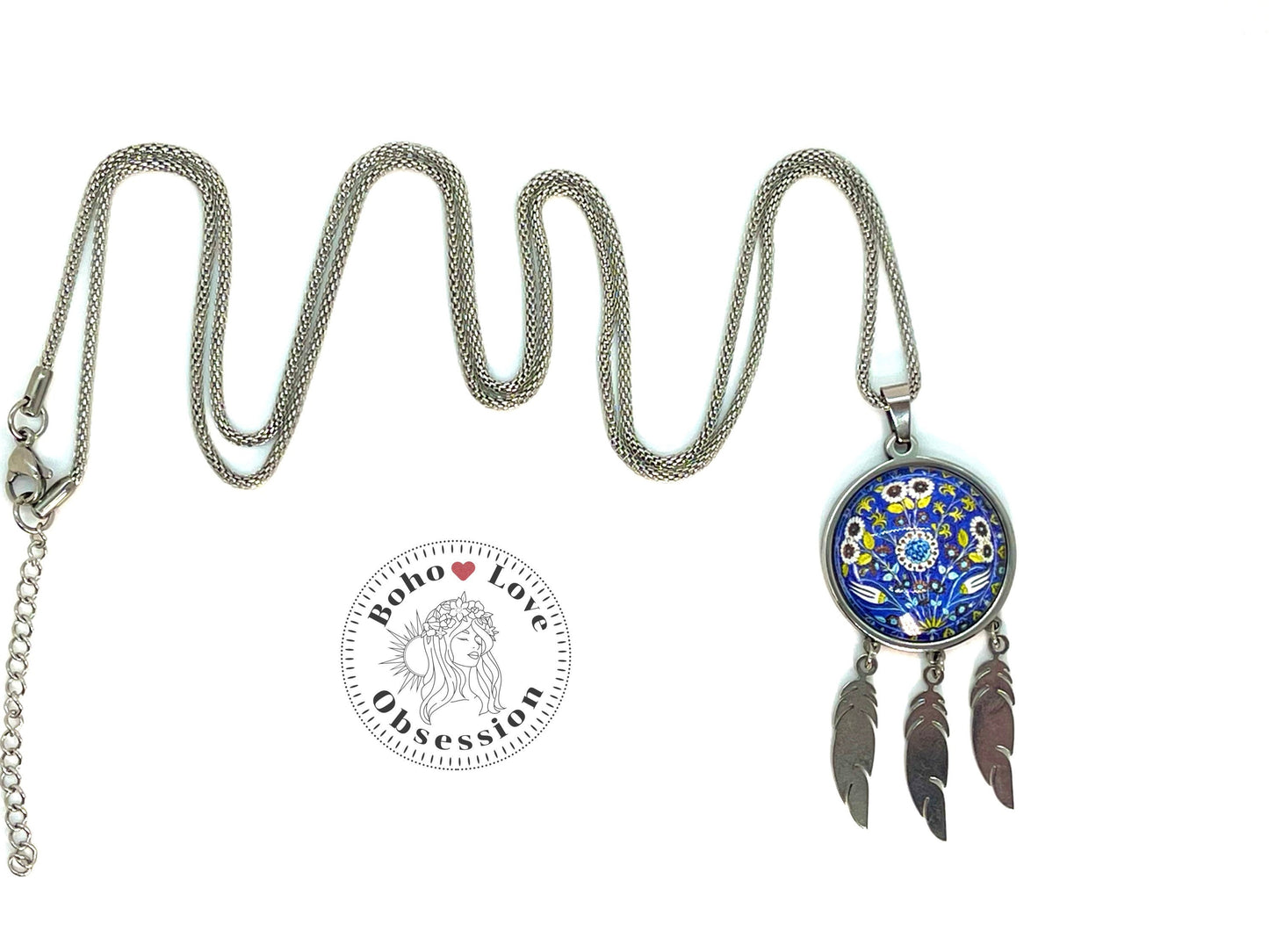 Purple Peony Feather Dreamcatcher Necklace, Long Chain Necklace, Retro Hippie Bohemian Jewelry, Boho Gypsy Accessory, BohoLoveObsession