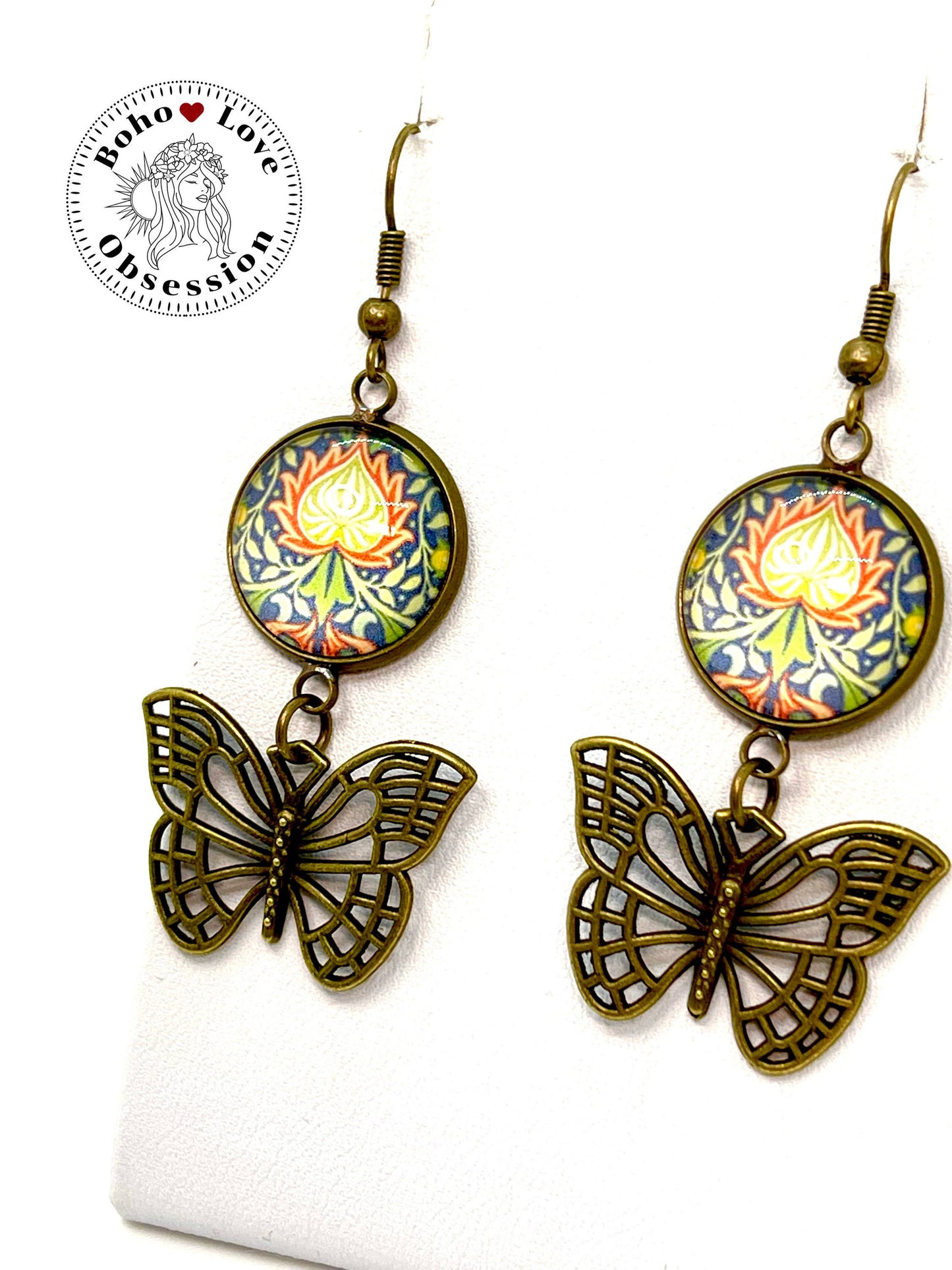 Hippie Fire Flower Butterfly Dangles|Bronze Cabochon Earrings|Gift for her| Bohemian Dangle Earring|Boho Flower Earring| BohoLoveObsession