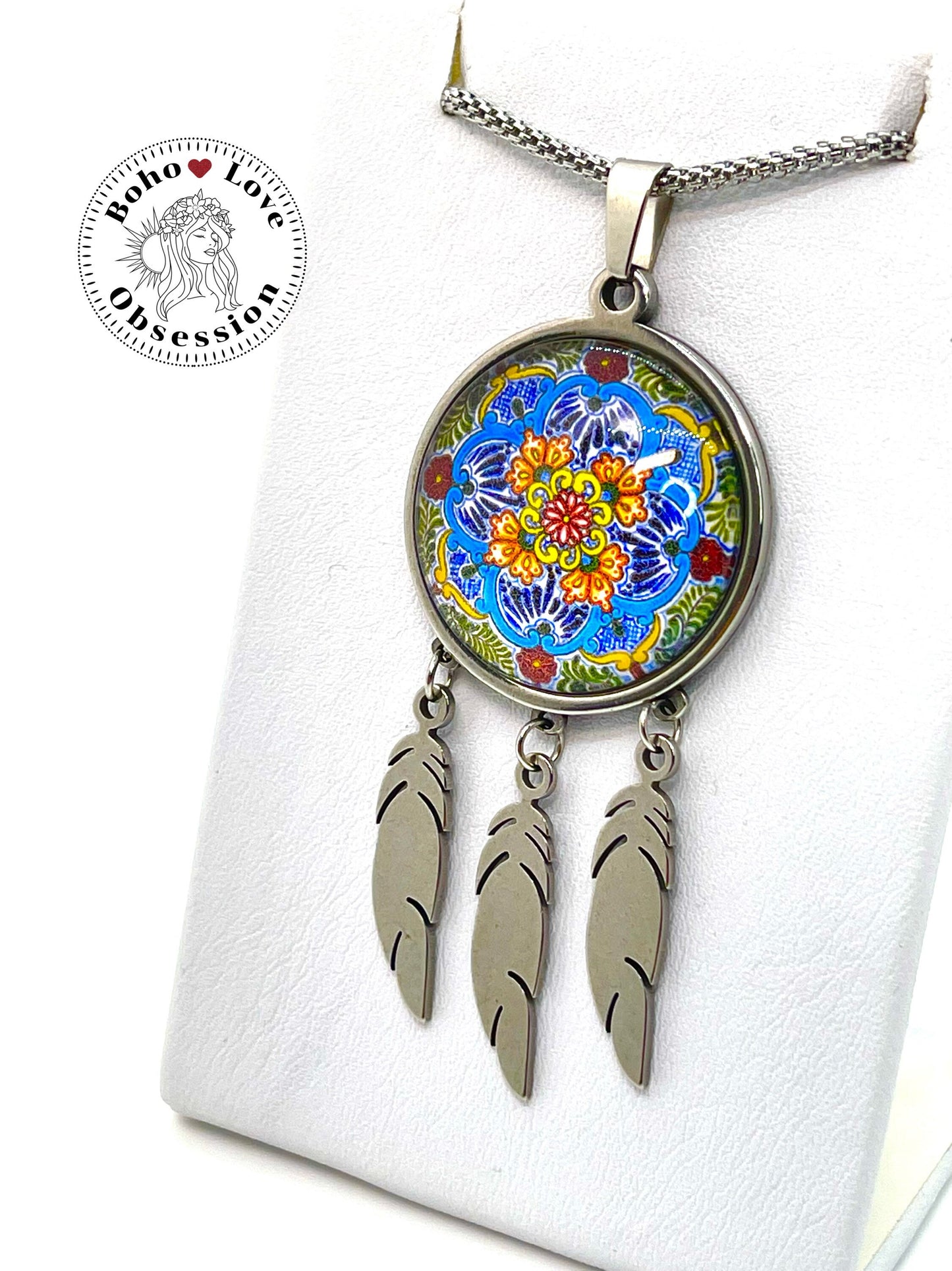 Summer Flower Feather Dreamcatcher Necklace, Boho Mandala Pendant, Unique Bohemian Jewelry, Hippie Retro Long Chain, BohoLoveObsession