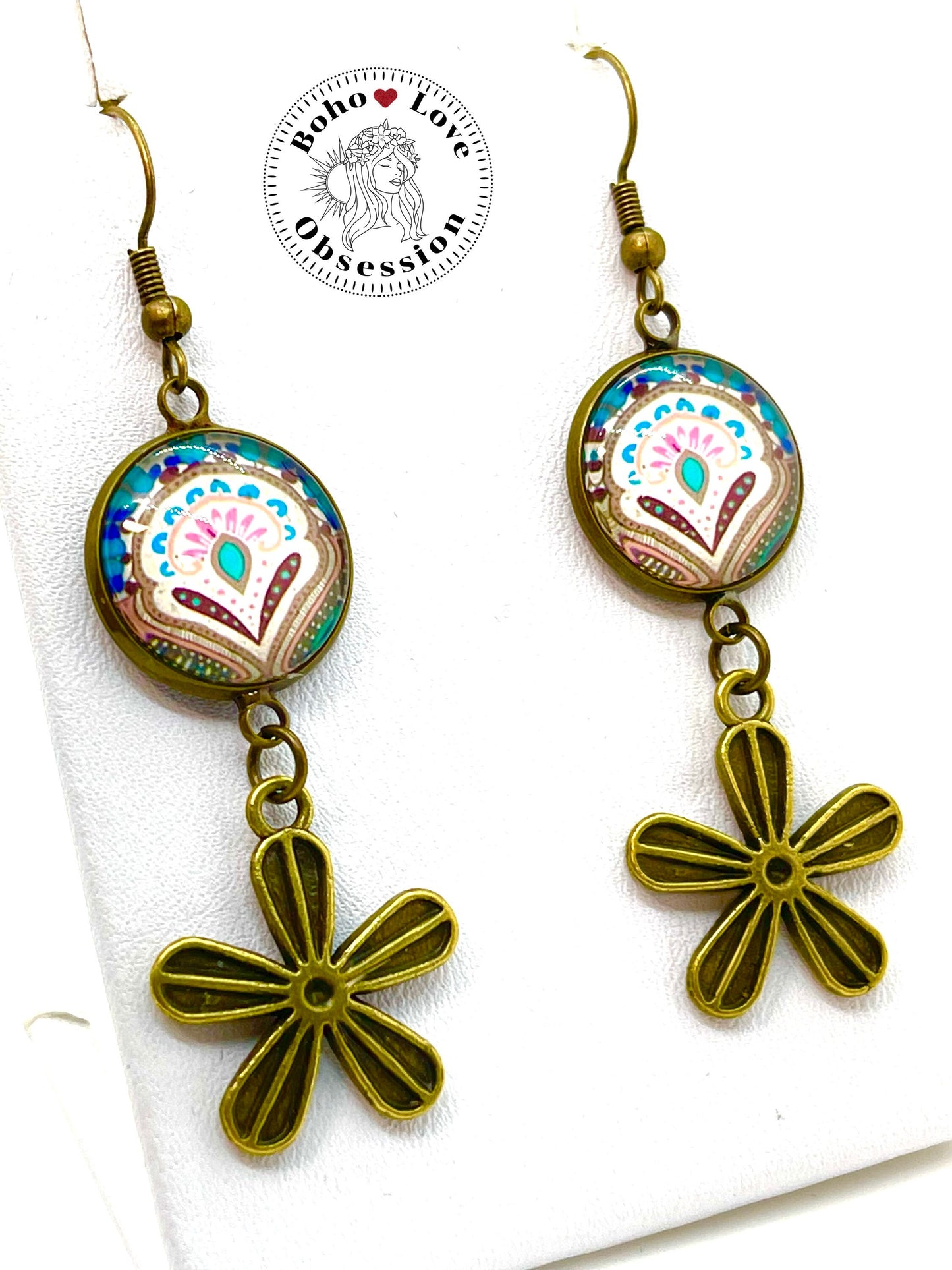 Happy Blooms Daisy Earrings|Cabochon Dangle Earrings|Boho Flower Earrings|Gift for her|Bohemian Bronze Earrings|BohoLoveObsession