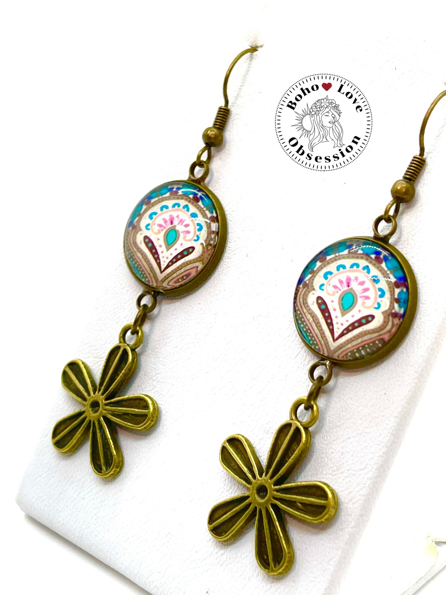 Happy Blooms Daisy Earrings|Cabochon Dangle Earrings|Boho Flower Earrings|Gift for her|Bohemian Bronze Earrings|BohoLoveObsession