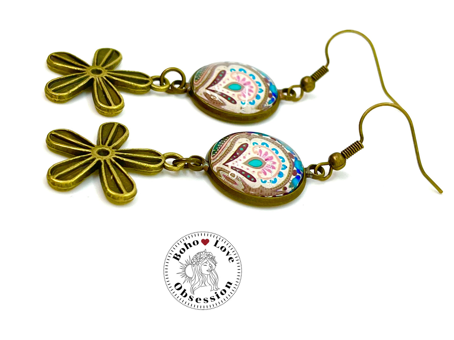 Happy Blooms Daisy Earrings|Cabochon Dangle Earrings|Boho Flower Earrings|Gift for her|Bohemian Bronze Earrings|BohoLoveObsession