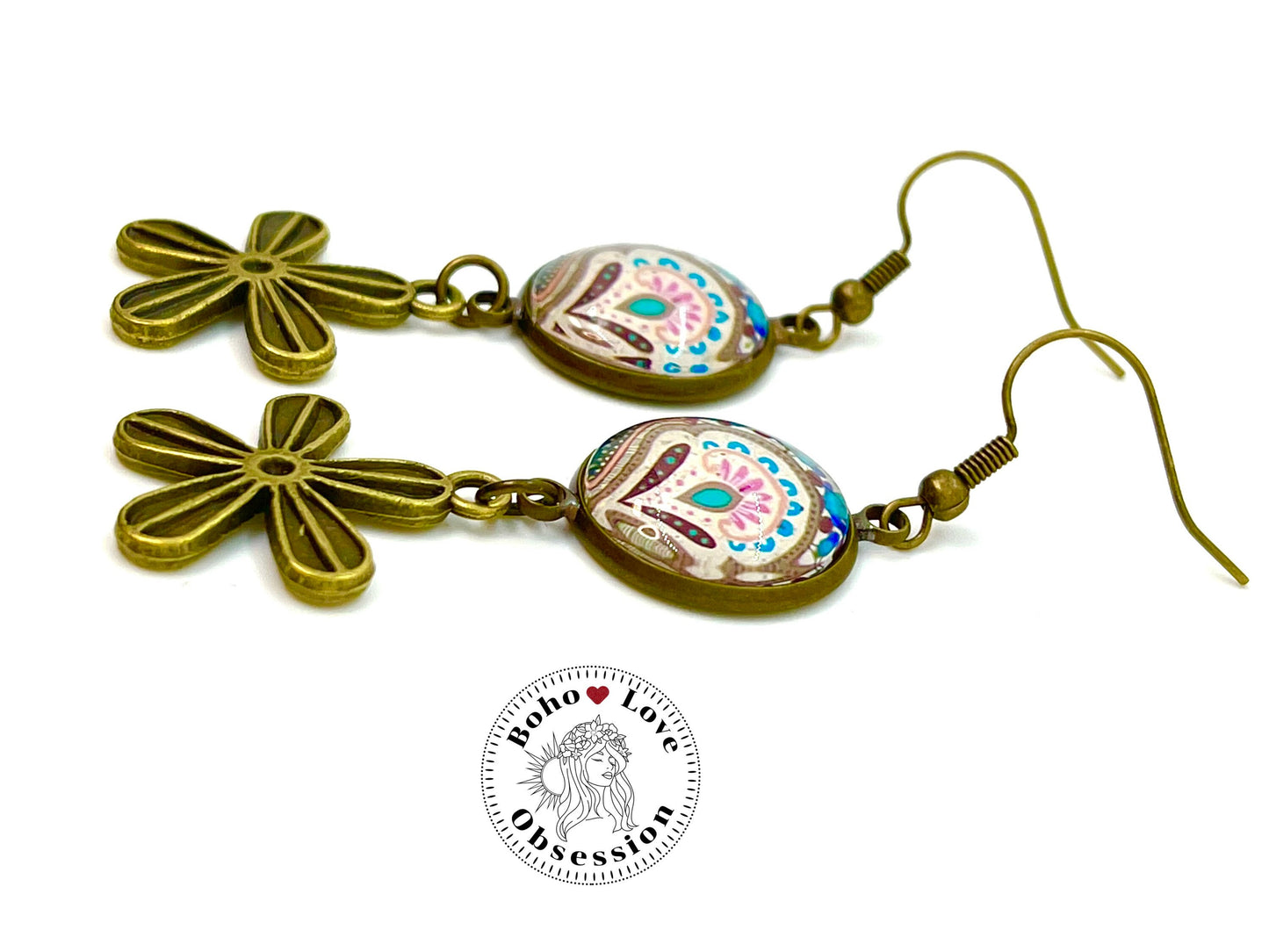 Happy Blooms Daisy Earrings|Cabochon Dangle Earrings|Boho Flower Earrings|Gift for her|Bohemian Bronze Earrings|BohoLoveObsession