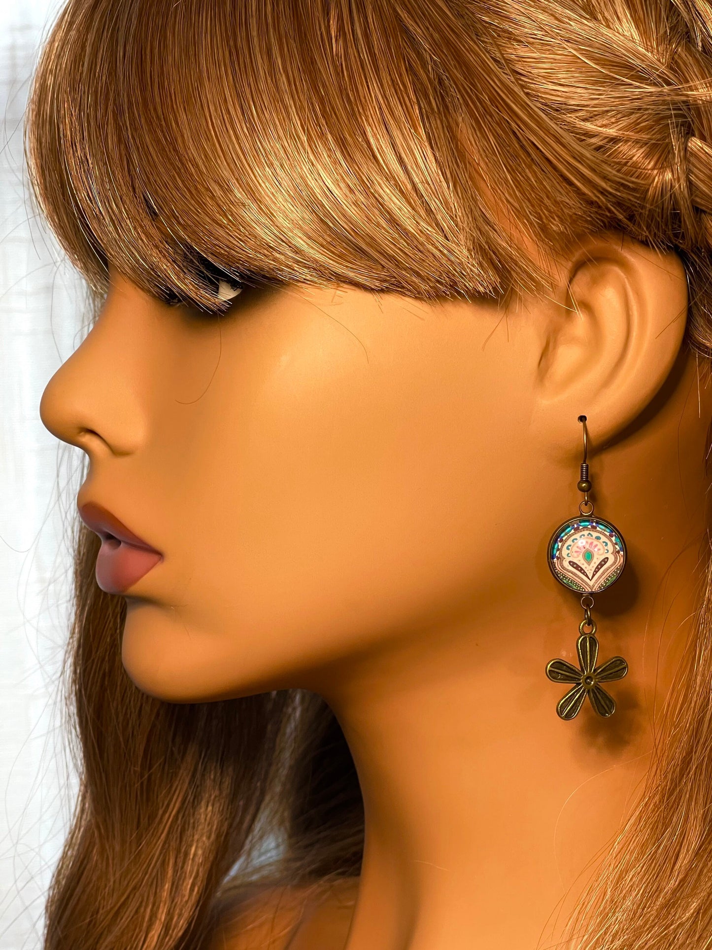 Happy Blooms Daisy Earrings|Cabochon Dangle Earrings|Boho Flower Earrings|Gift for her|Bohemian Bronze Earrings|BohoLoveObsession