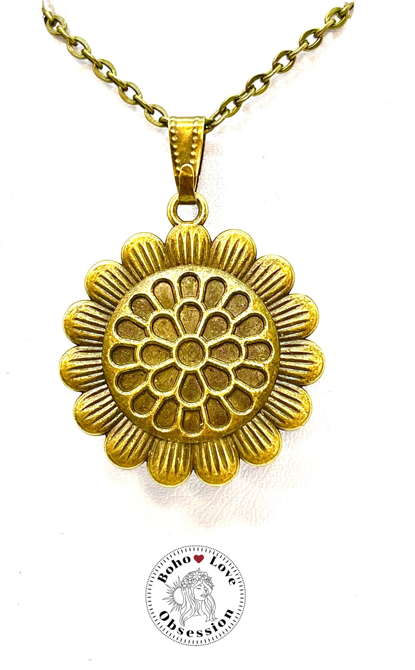 Orange Sunflower Necklace|Bronze Flower Pendant|Unique Bohemian Necklace|Gift for her|Hippie Retro Chain|Boho Retro| BohoLoveObsession