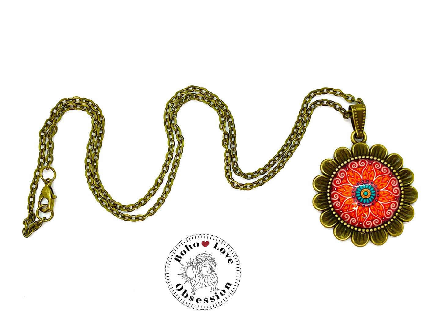 Orange Sunflower Necklace|Bronze Flower Pendant|Unique Bohemian Necklace|Gift for her|Hippie Retro Chain|Boho Retro| BohoLoveObsession