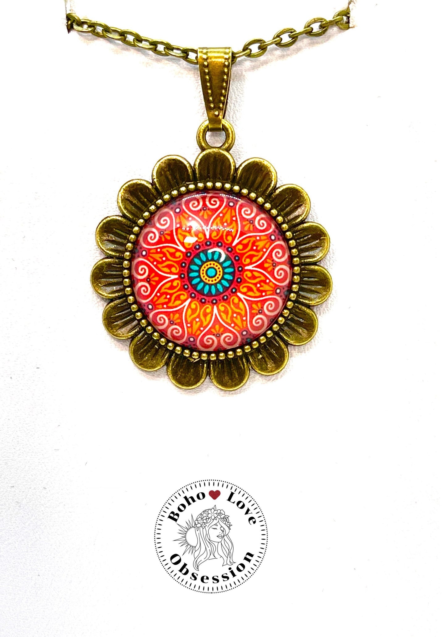 Orange Sunflower Necklace|Bronze Flower Pendant|Unique Bohemian Necklace|Gift for her|Hippie Retro Chain|Boho Retro| BohoLoveObsession