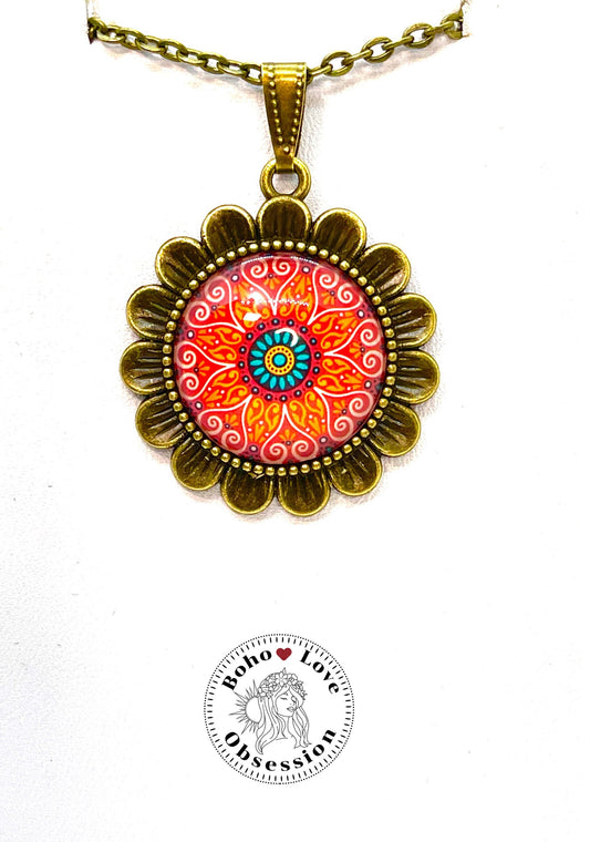 Orange Sunflower Necklace|Bronze Flower Pendant|Unique Bohemian Necklace|Gift for her|Hippie Retro Chain|Boho Retro| BohoLoveObsession