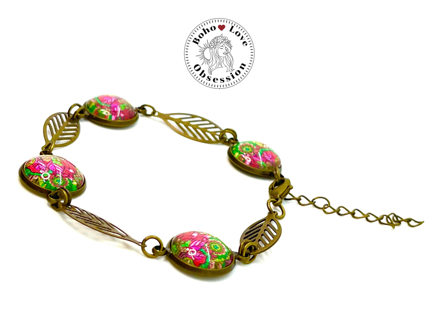 Magenta Boho Feather Bracelet,Bohemian Charm Bracelet,Antique Bronze Bracelet,Womens Cabochon Bracelet, Gift for her,BohoLoveObsession