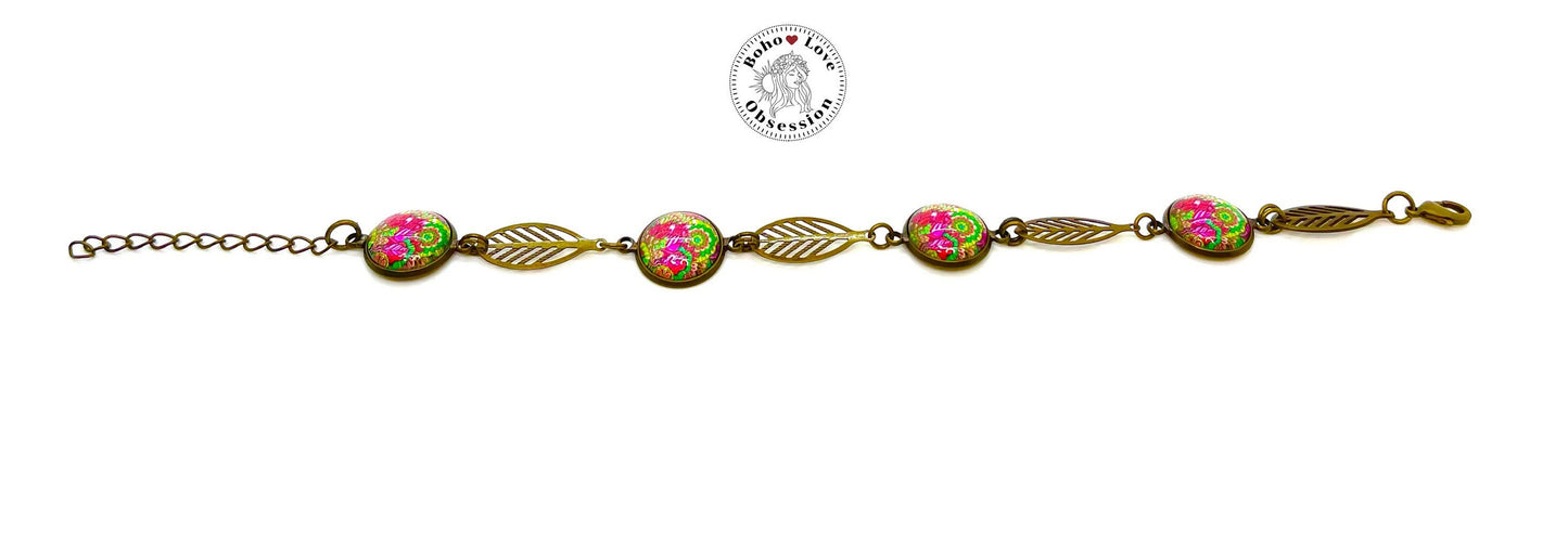 Magenta Boho Feather Bracelet,Bohemian Charm Bracelet,Antique Bronze Bracelet,Womens Cabochon Bracelet, Gift for her,BohoLoveObsession