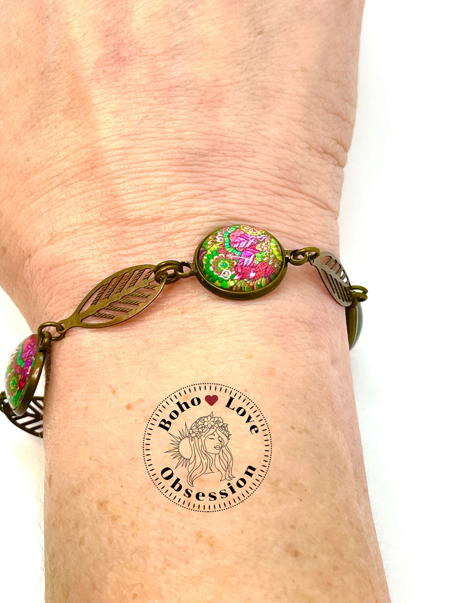 Magenta Boho Feather Bracelet,Bohemian Charm Bracelet,Antique Bronze Bracelet,Womens Cabochon Bracelet, Gift for her,BohoLoveObsession