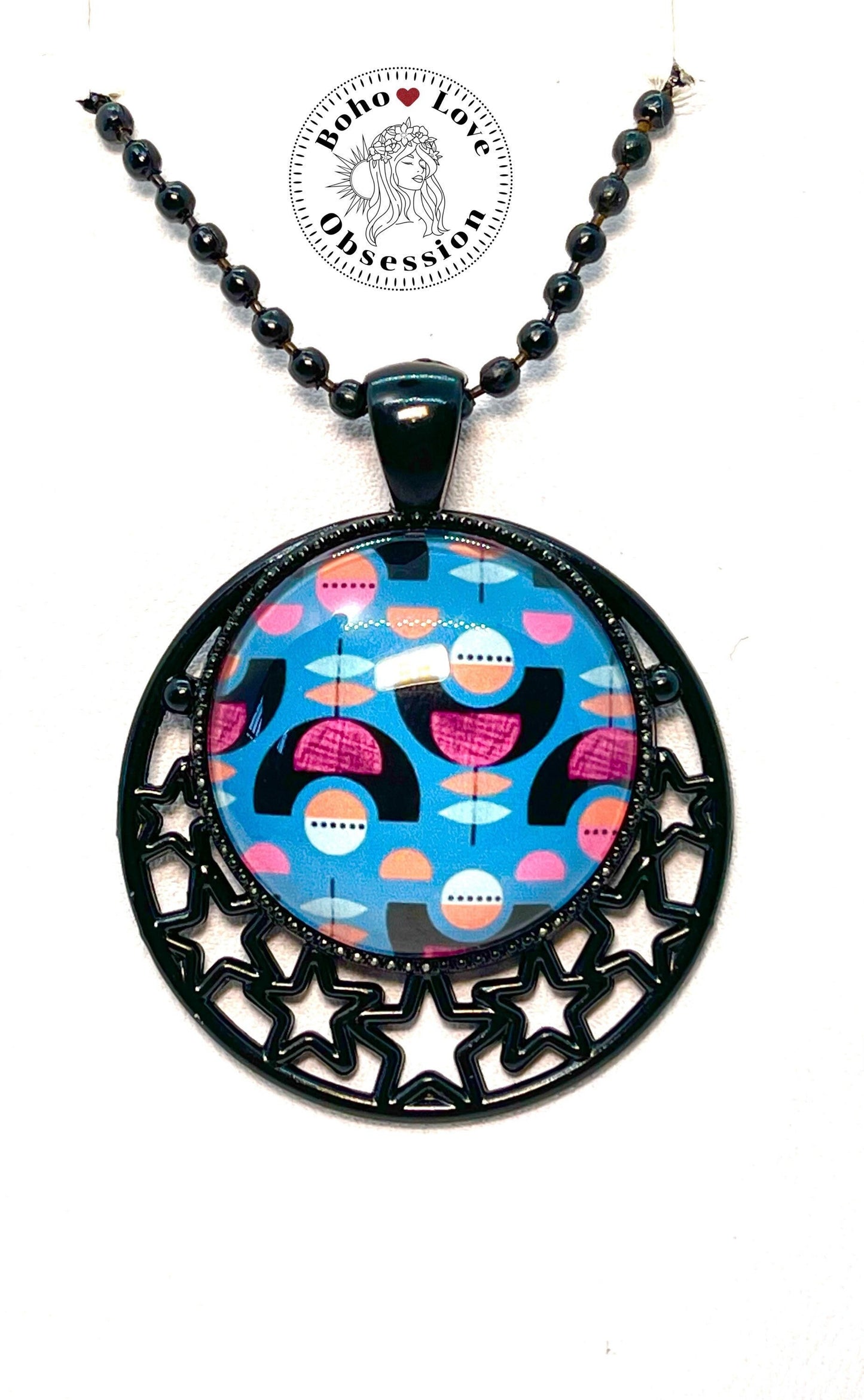 Blue & Pink Boho Flower Star Necklace |Ball Chain| Black Star Pendant | Photo Glass Cabochon Necklace|Womens Jewelry| BohoLoveObsession