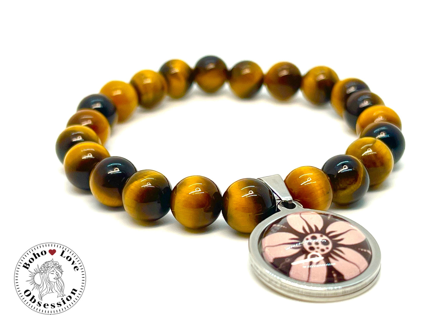 Yellow Tigers Eye Charm Bracelet, Daisy Flower Charm Bracelet, Bohemian Beaded Bracelet, Natural Healing Stone Wristband, BohoLoveObsession