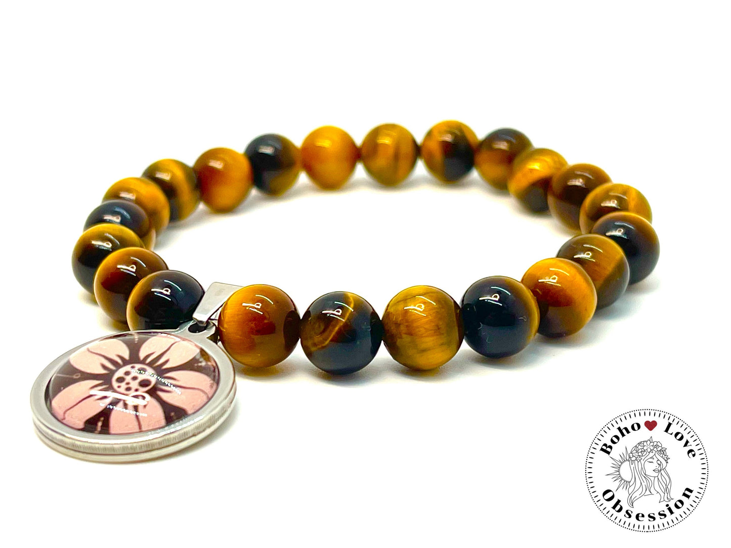 Yellow Tigers Eye Charm Bracelet, Daisy Flower Charm Bracelet, Bohemian Beaded Bracelet, Natural Healing Stone Wristband, BohoLoveObsession