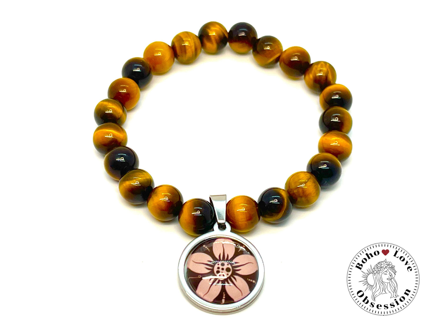 Yellow Tigers Eye Charm Bracelet, Daisy Flower Charm Bracelet, Bohemian Beaded Bracelet, Natural Healing Stone Wristband, BohoLoveObsession