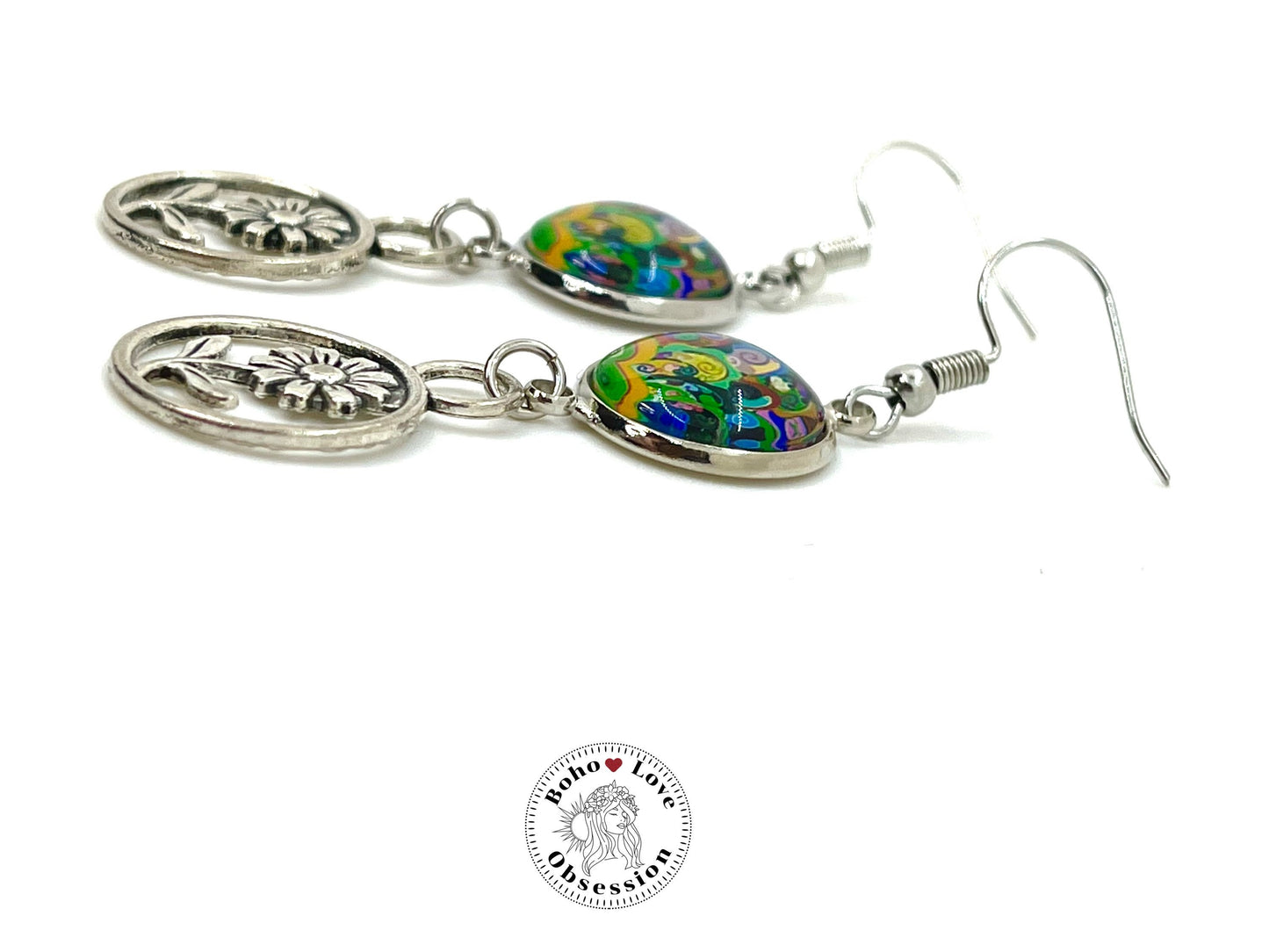 Lime Tie-dye Daisy Dangles, Boho Chic Earrings, Bohemian Flower Earrings, Unique Hippie Jewelry, Gift for Her, BohoLoveObsession