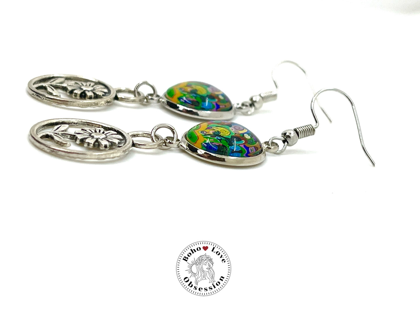 Lime Tie-dye Daisy Dangles, Boho Chic Earrings, Bohemian Flower Earrings, Unique Hippie Jewelry, Gift for Her, BohoLoveObsession
