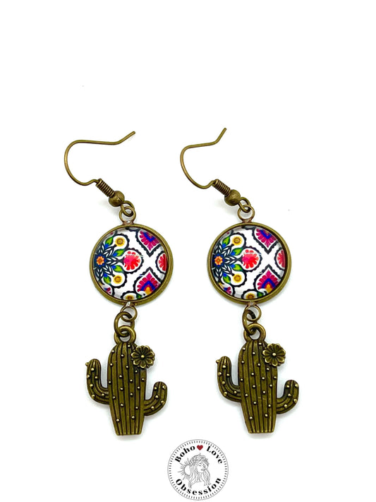 Bandana Cactus Dangle Earrings, Boho Chic Earrings, Colorful Bohemian Earrings, Unique Hippie Jewelry, Gift for Her, BohoLoveObsession