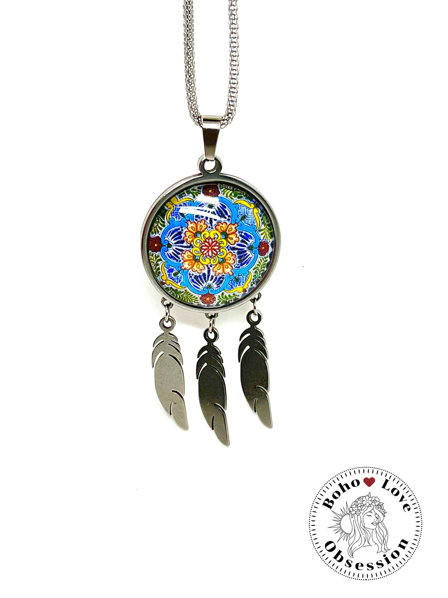 Summer Flower Feather Dreamcatcher Necklace, Boho Mandala Pendant, Unique Bohemian Jewelry, Hippie Retro Long Chain, BohoLoveObsession