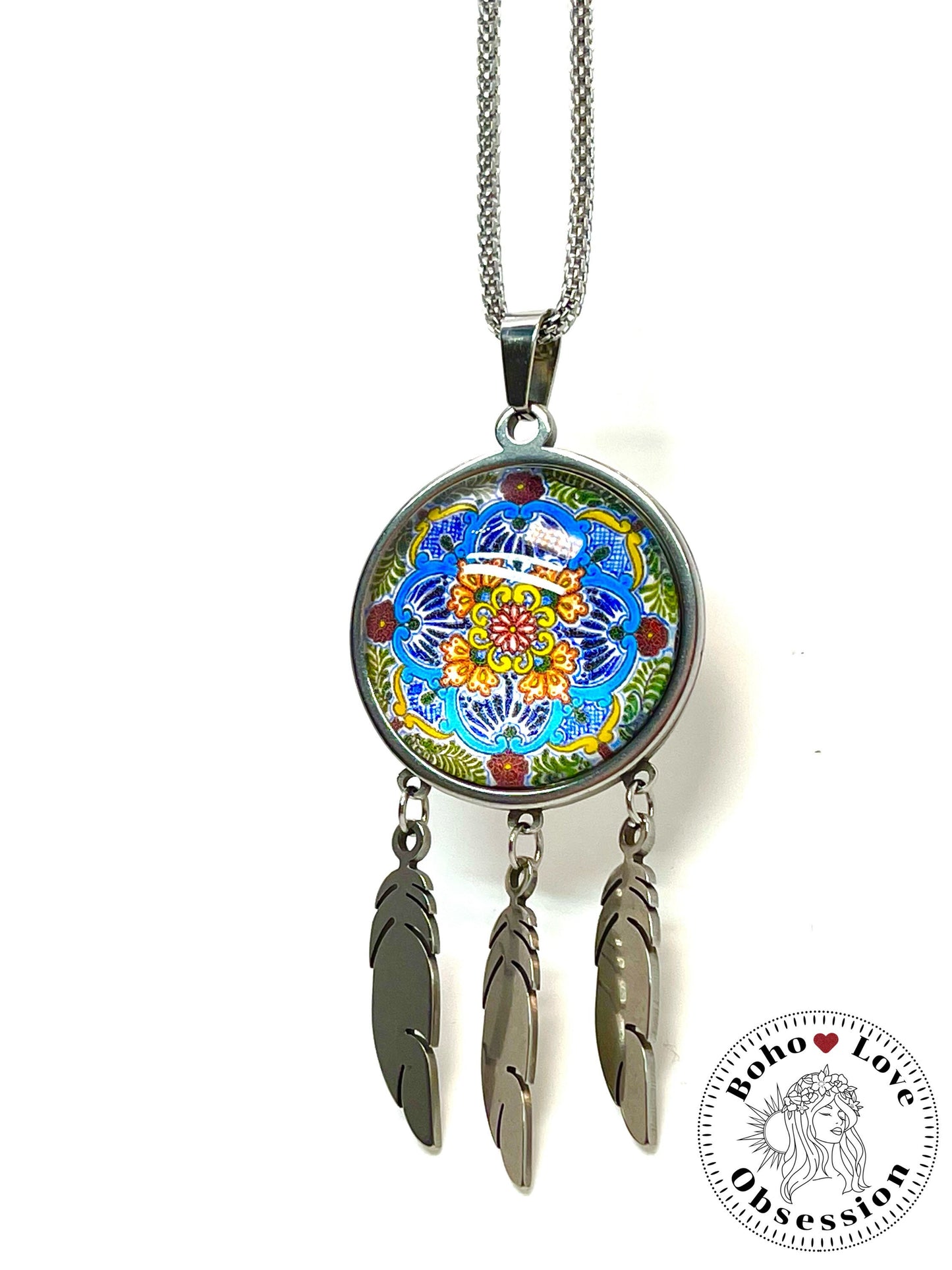 Summer Flower Feather Dreamcatcher Necklace, Boho Mandala Pendant, Unique Bohemian Jewelry, Hippie Retro Long Chain, BohoLoveObsession
