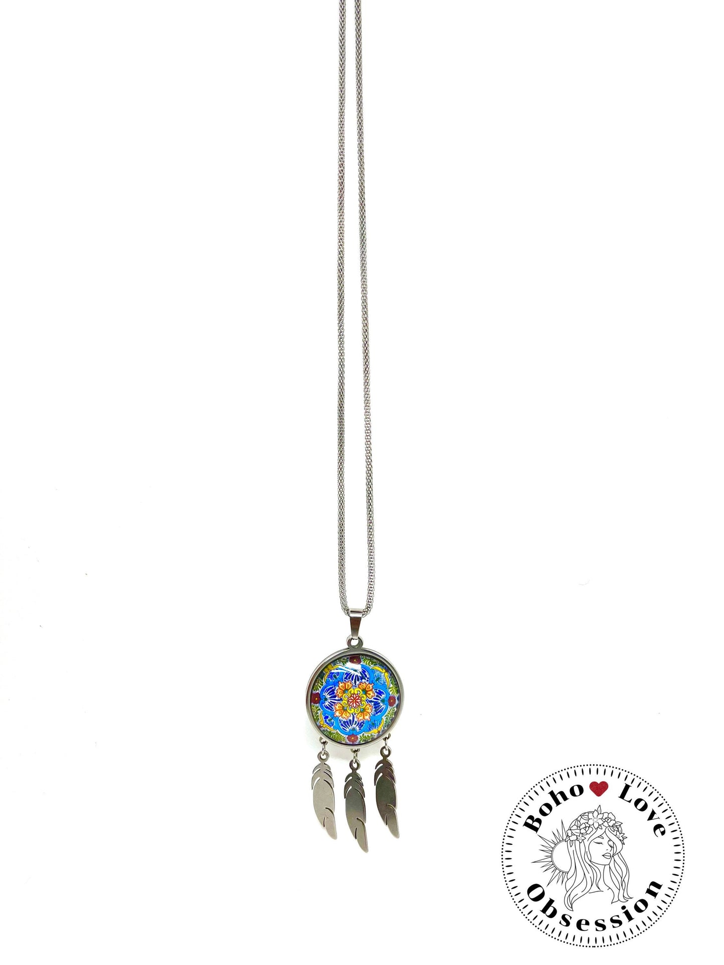 Summer Flower Feather Dreamcatcher Necklace, Boho Mandala Pendant, Unique Bohemian Jewelry, Hippie Retro Long Chain, BohoLoveObsession